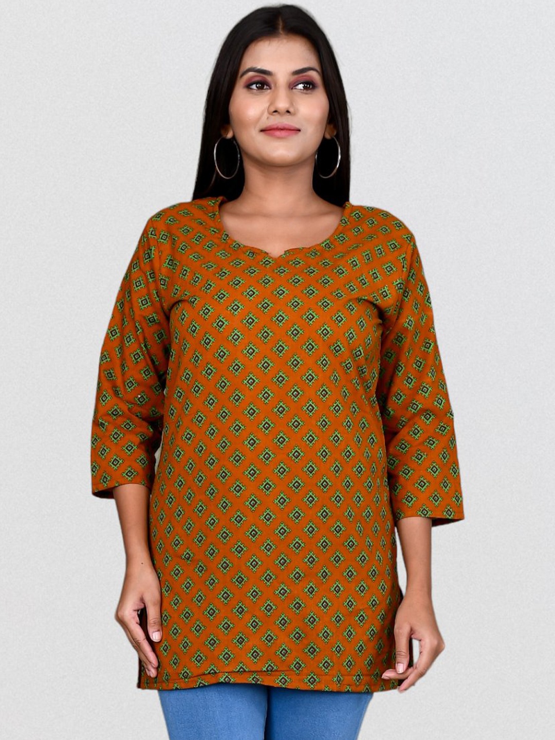 

Kesarya Ethnic Motifs Printed Pure Cotton Kurti, Mustard