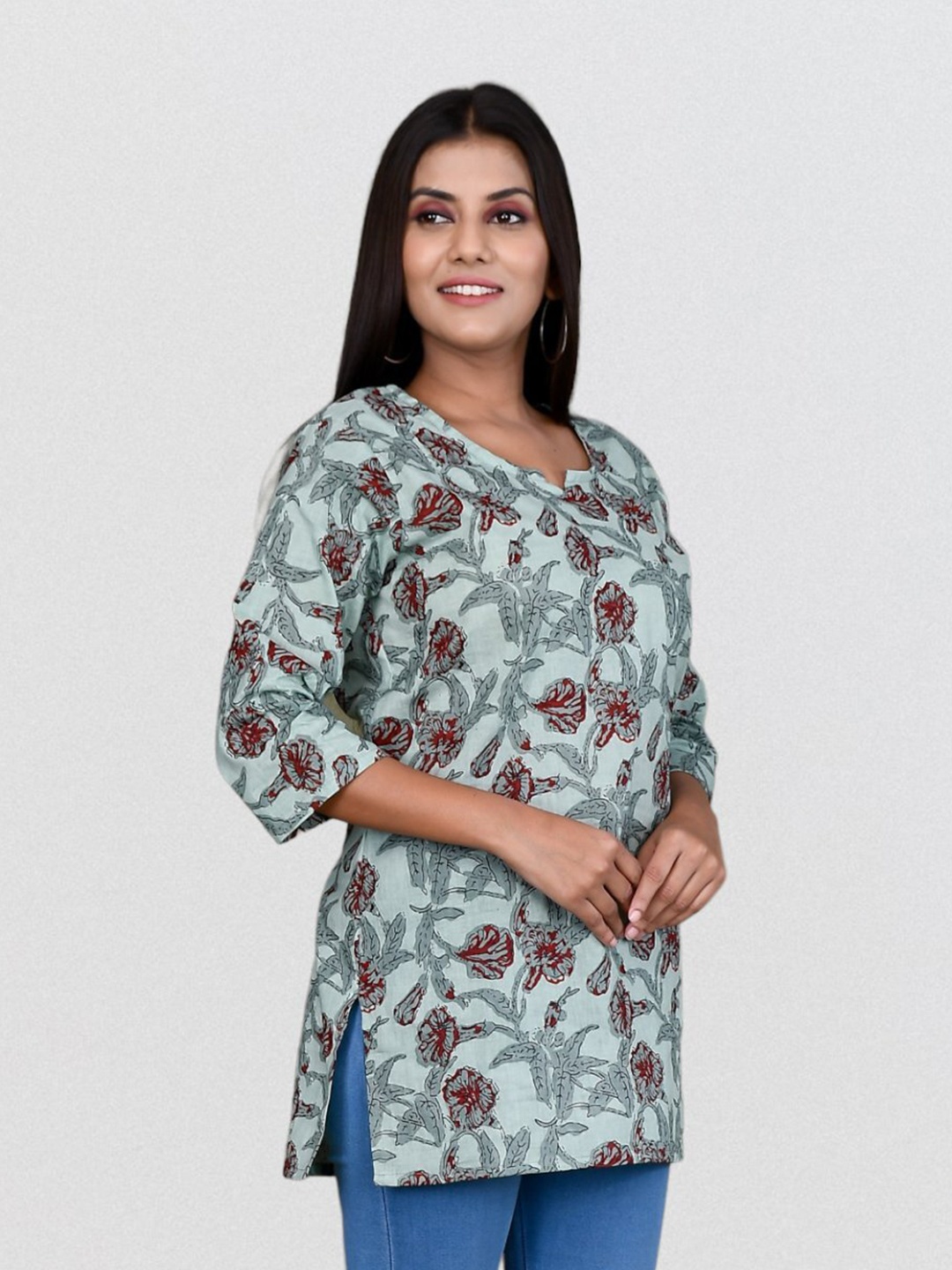 

Kesarya Floral Printed Pure Cotton Kurti, Teal