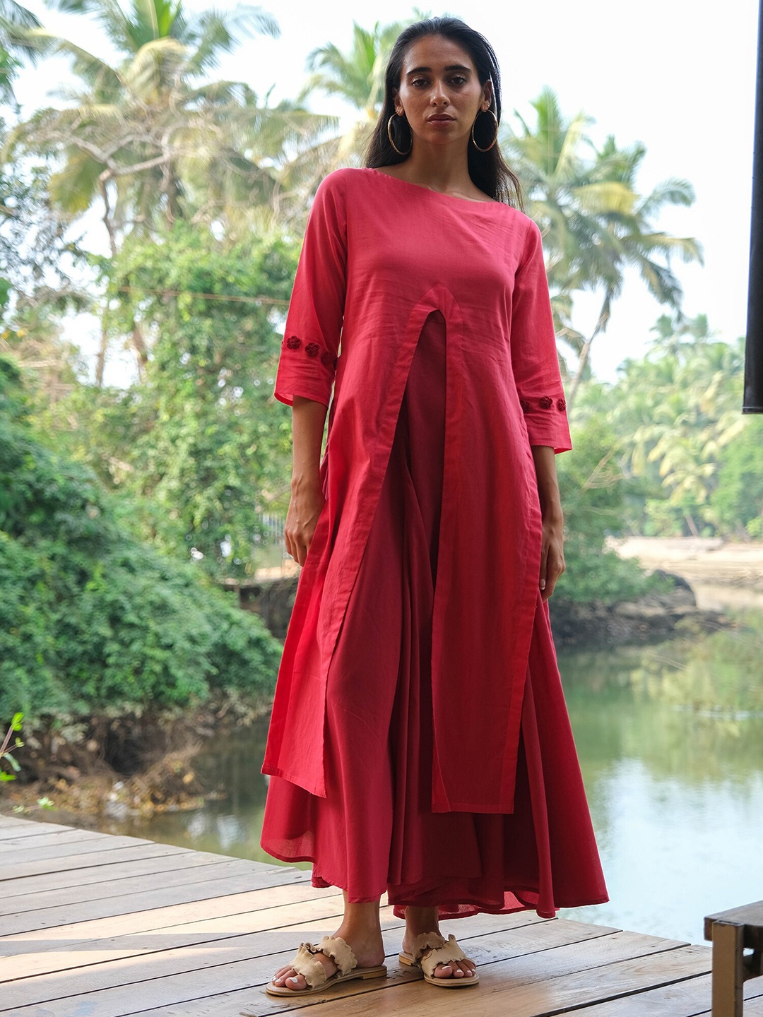 

OKHAI Boat Neck A-Line Pure Cotton Midi Dress, Red
