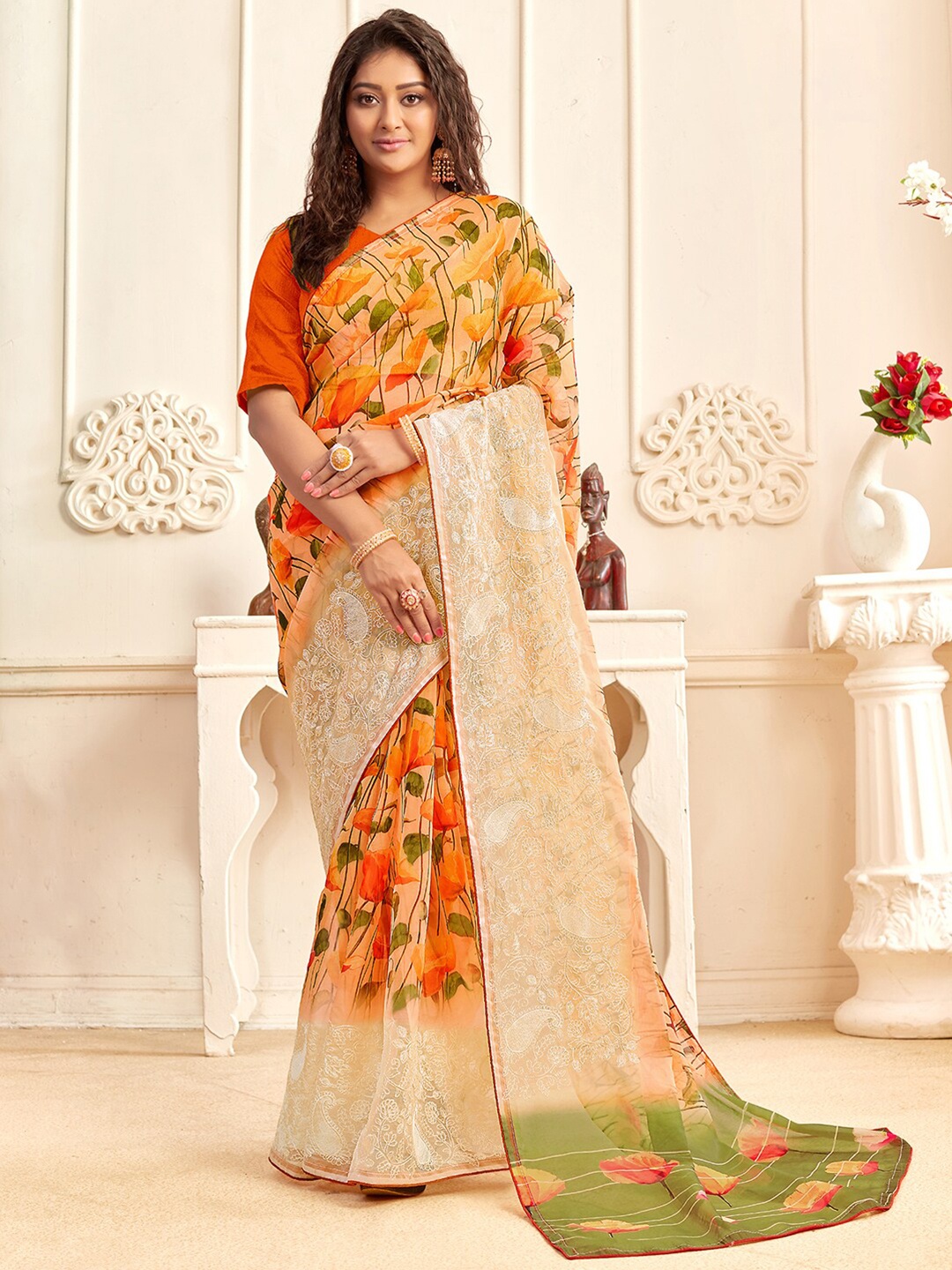 

Saree mall Floral Printed Sungudi Sarees, Orange