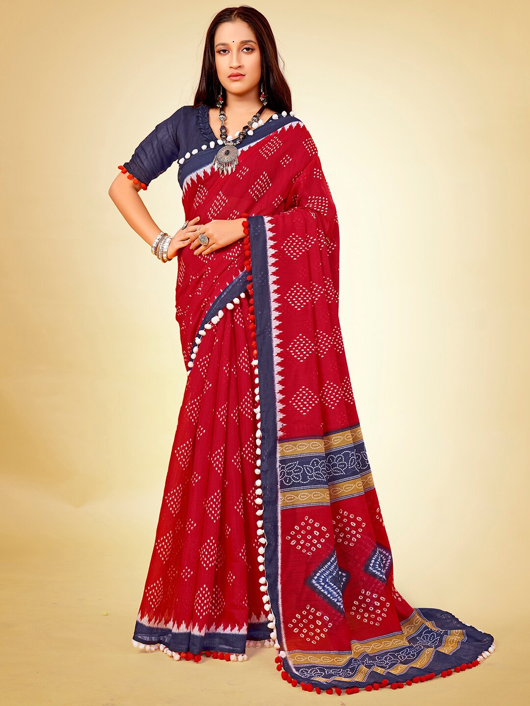 

Saree mall Bandhani Printed Sarees, Red