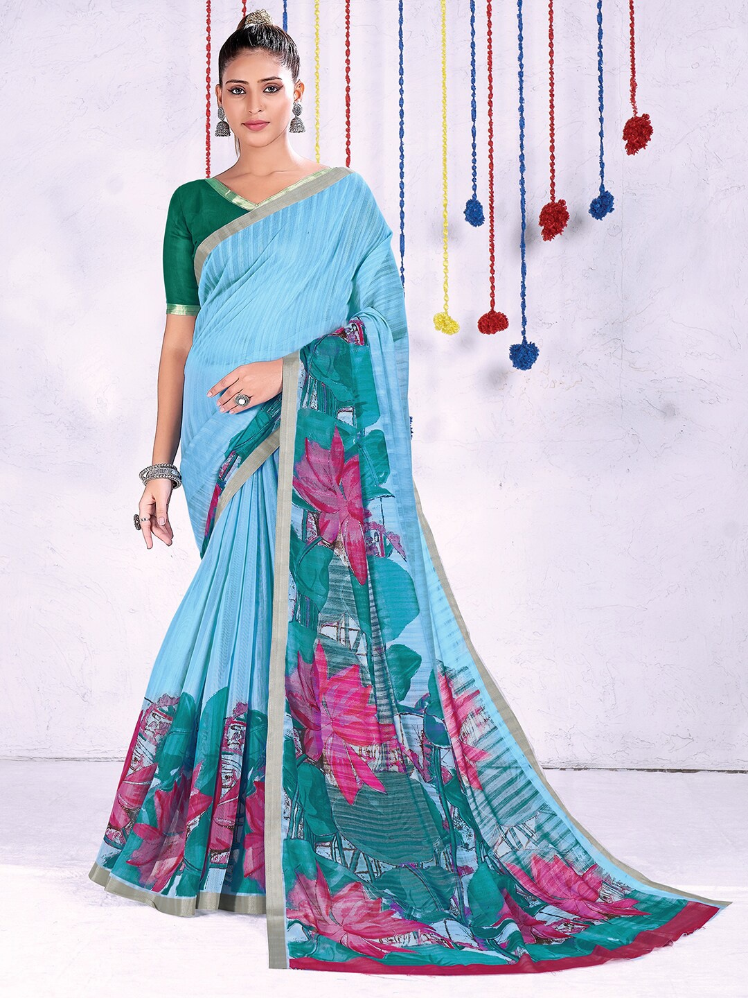 

Saree mall Floral Zari Block Print Sarees, Blue