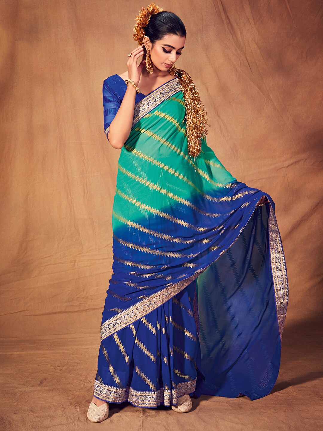 

Saree mall Striped Woven Design Zari Poly Georgette Sarees, Blue