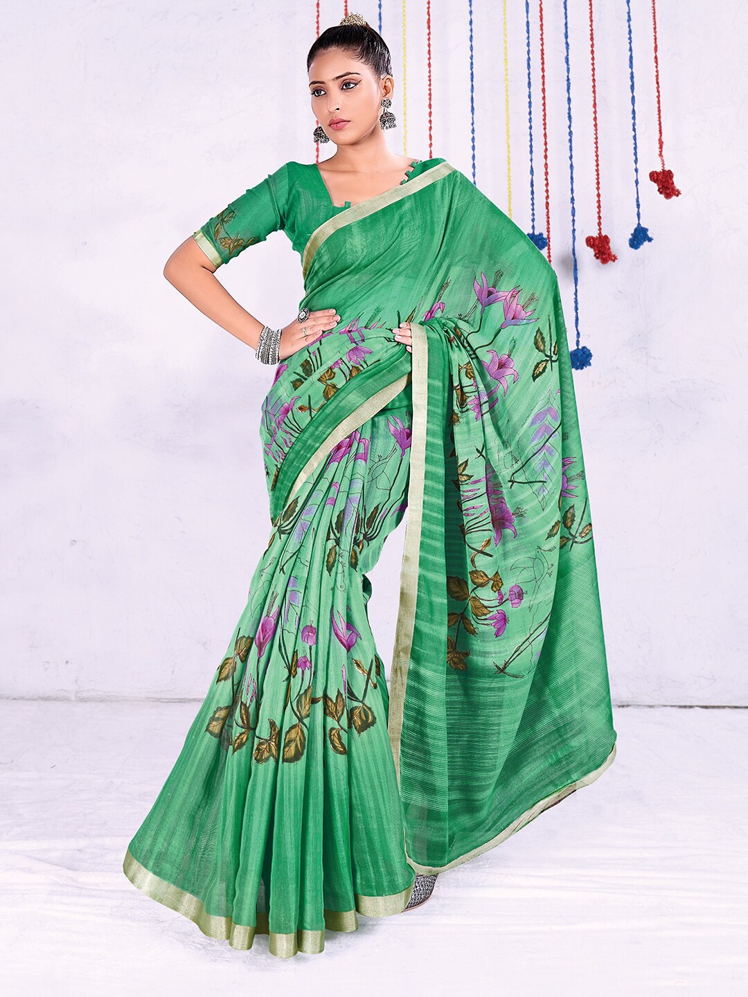 

Saree mall Floral Printed Sarees, Green