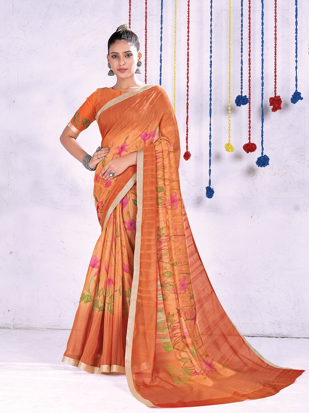 

Saree mall Floral Printed Sarees, Orange