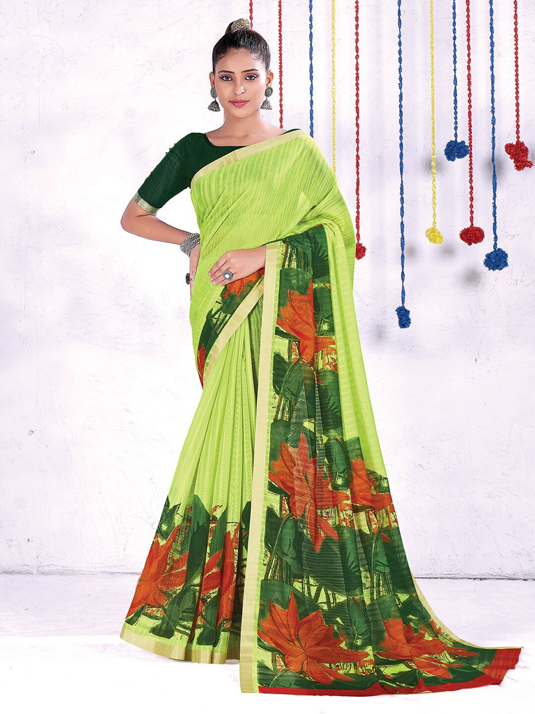 

Saree mall Floral Block Print Cotton Blend Saree, Green