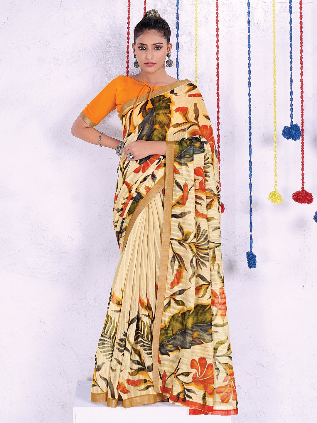 

Saree mall Floral Block Print Cotton Blend Saree, Cream