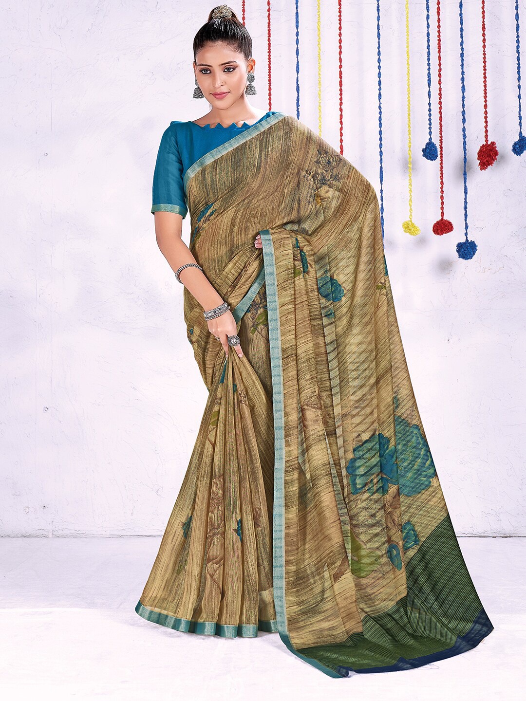 

Saree mall Floral Block Print Cotton Blend Saree, Beige