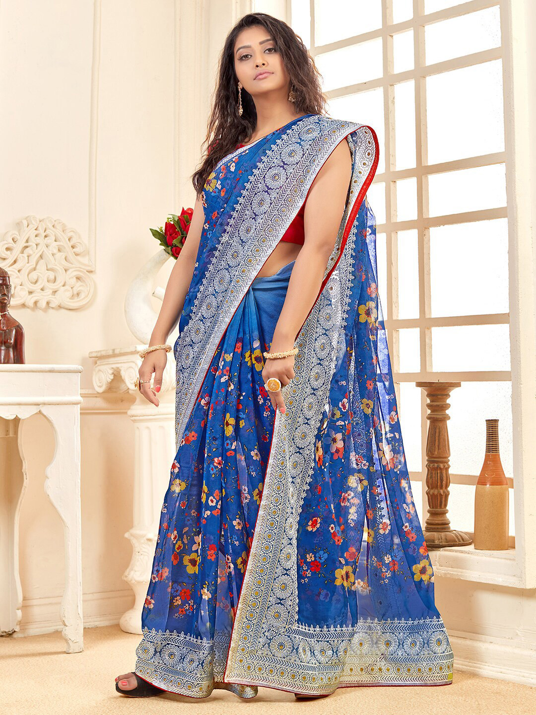 

Saree mall Floral Printed Organza Sungudi Saree, Blue