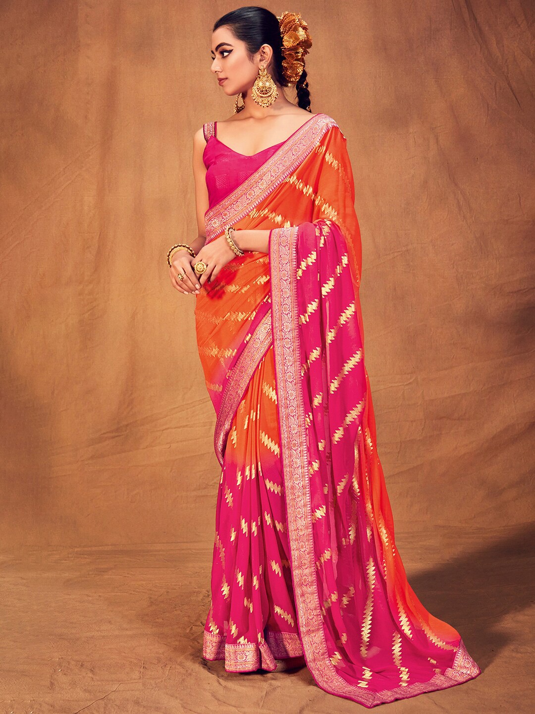 

Saree mall Striped Woven Design Zari Poly Georgette Sarees, Orange