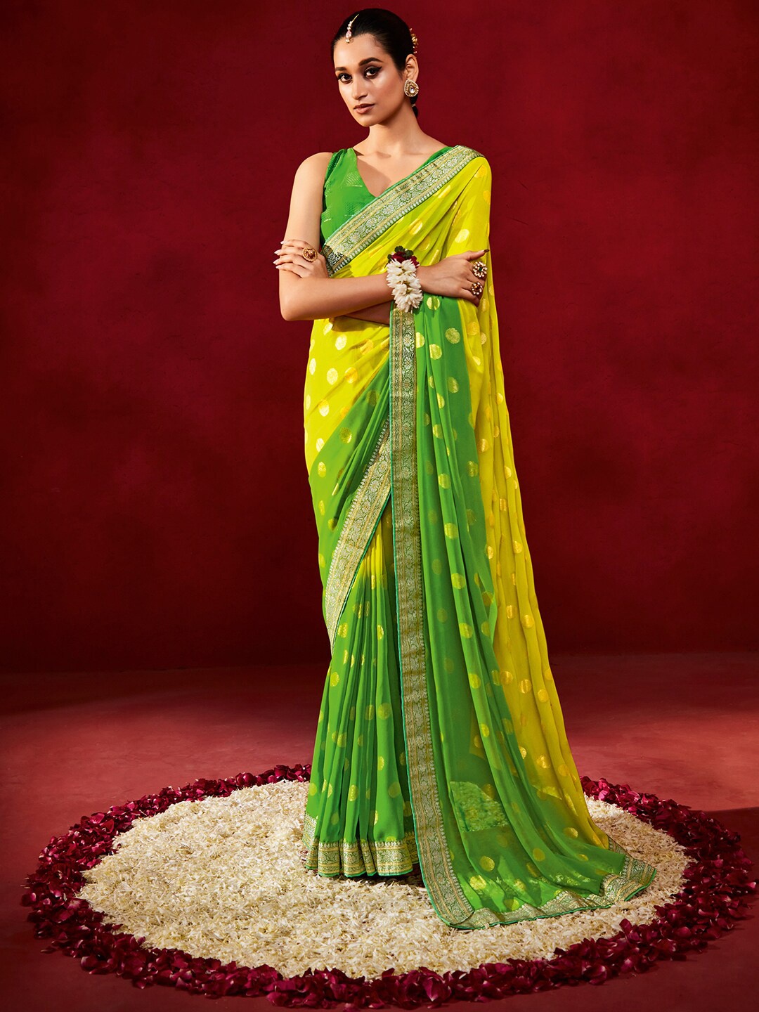 

Saree mall Polka Dots Woven Design Zari Pure Georgette Sarees, Yellow