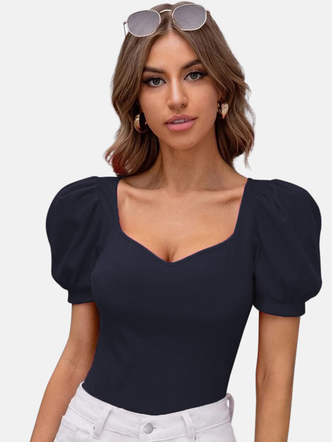 

BUY NEW TREND Sweetheart Neck Puff Sleeves Top, Navy blue