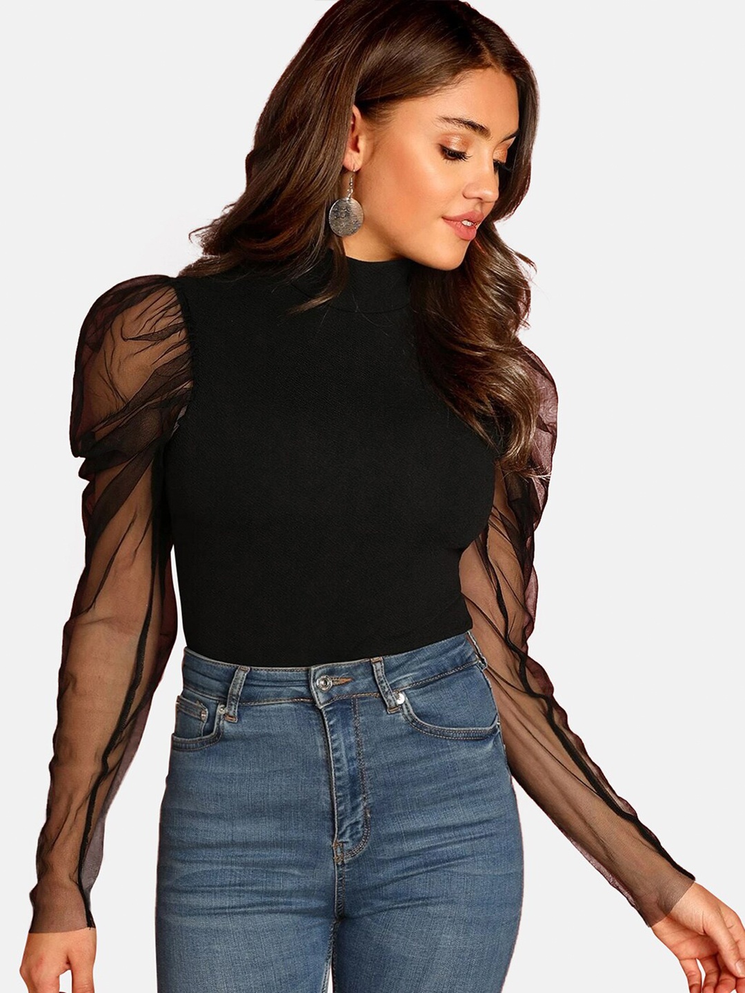 

BUY NEW TREND High Neck Puff Sleeves Regular Top, Black