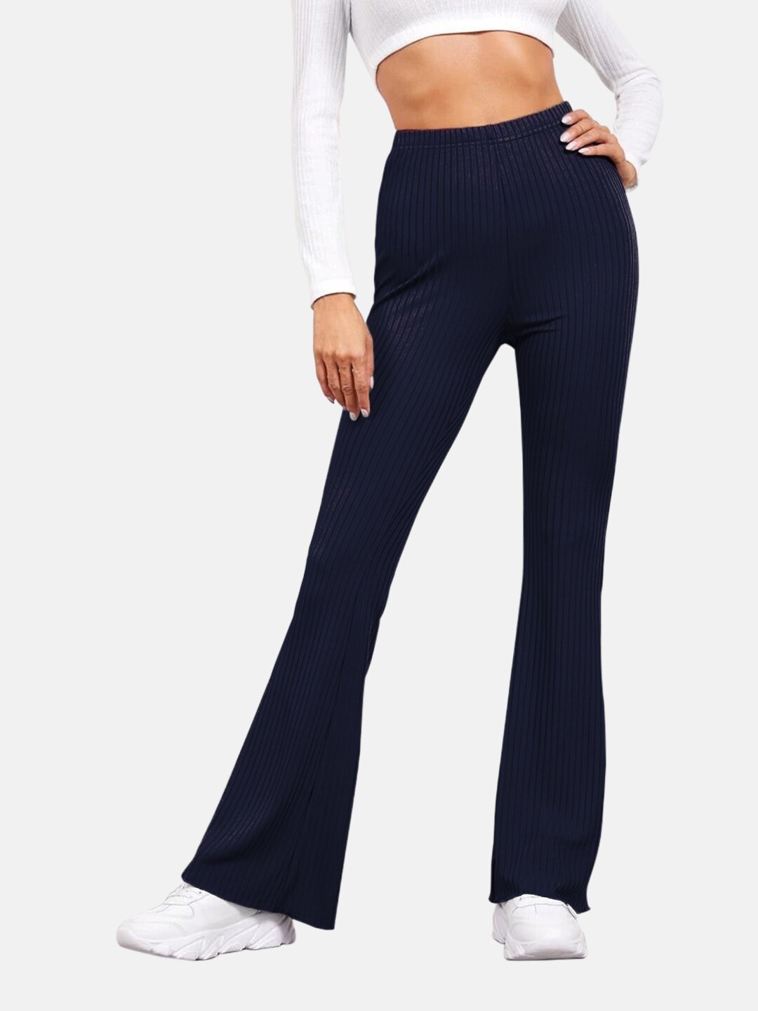 

BUY NEW TREND Women Regular Fit High-Rise Bootcut Trousers, Navy blue