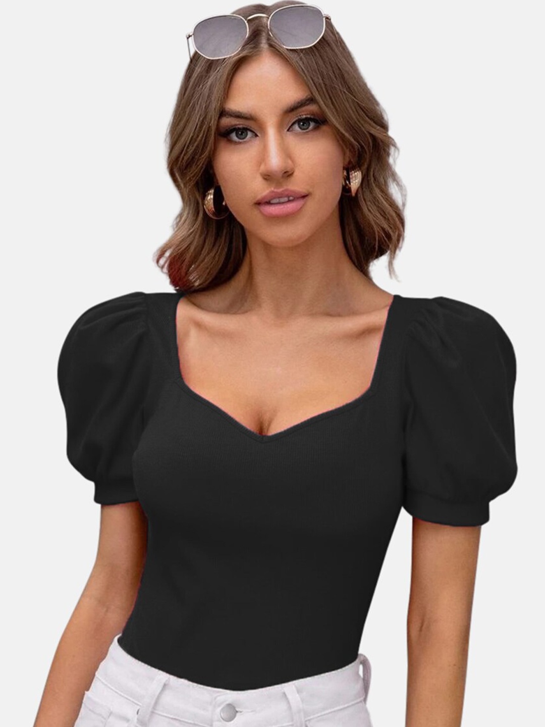 

BUY NEW TREND Sweetheart Neck Puff Sleeves Top, Black