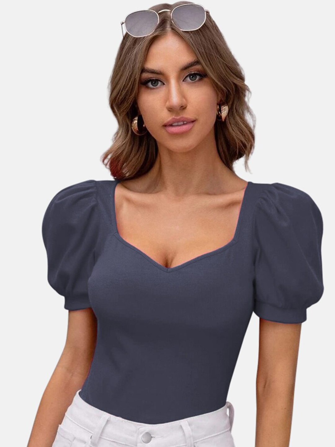 

BUY NEW TREND Sweetheart Neck Puff Sleeves Fitted Top, Grey
