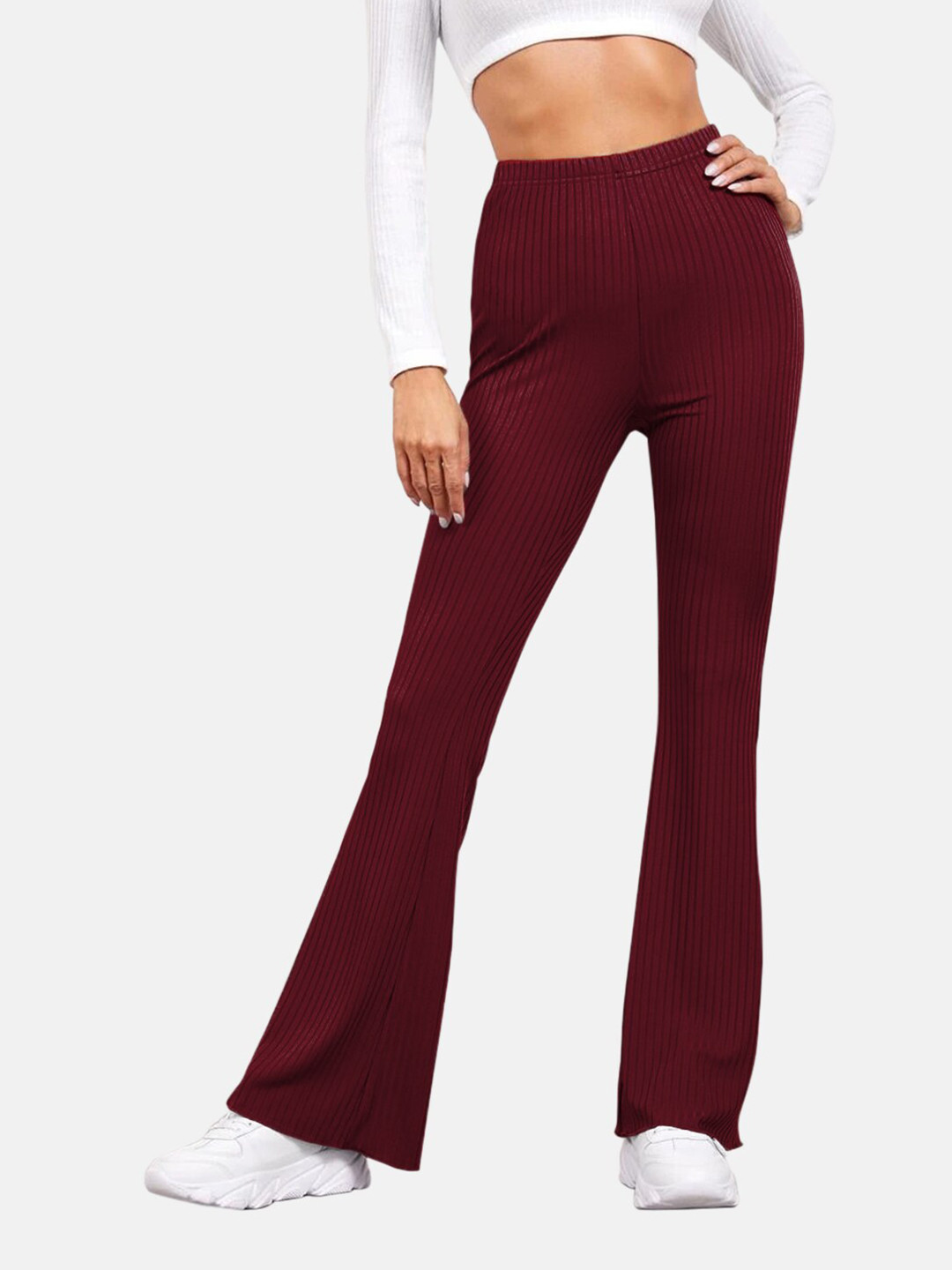 

BUY NEW TREND Women Striped Mid-Rise Bootcut Trousers, Maroon
