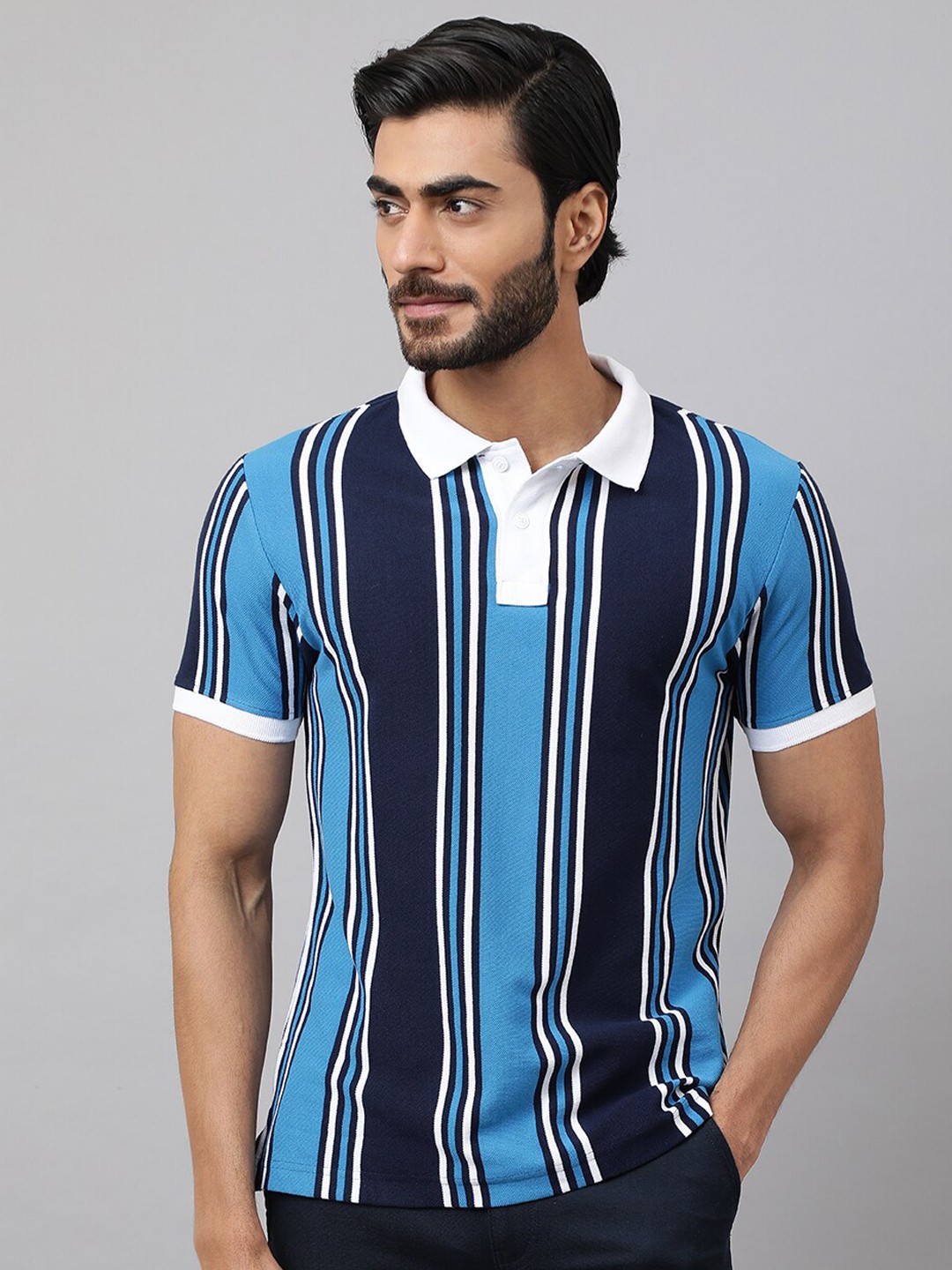 

HOUSE OF MIRCHI Striped Polo Collar Pure Cotton T-shirt, Navy blue