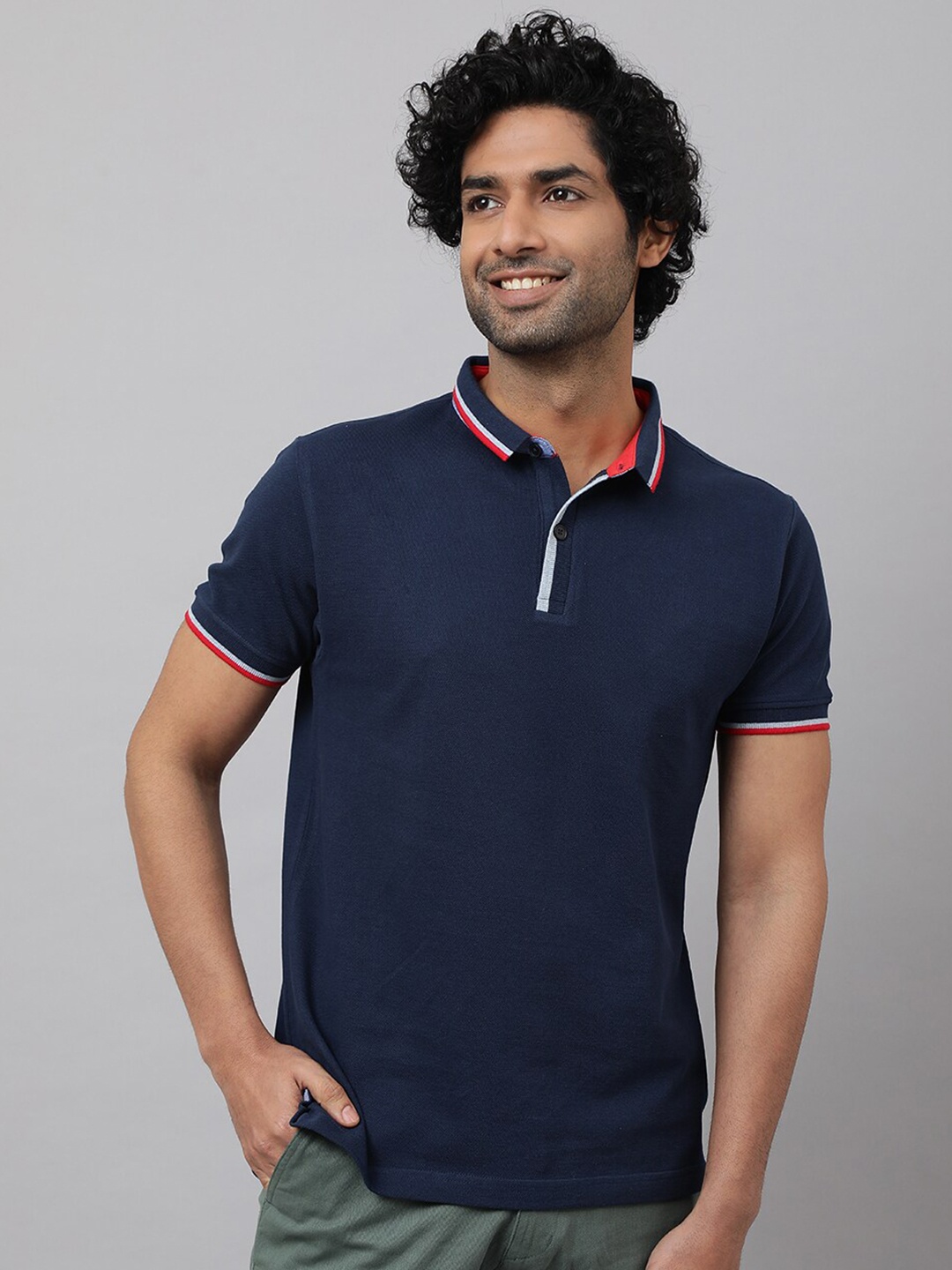 

HOUSE OF MIRCHI Striped Polo Collar Pure Cotton T-shirt, Blue