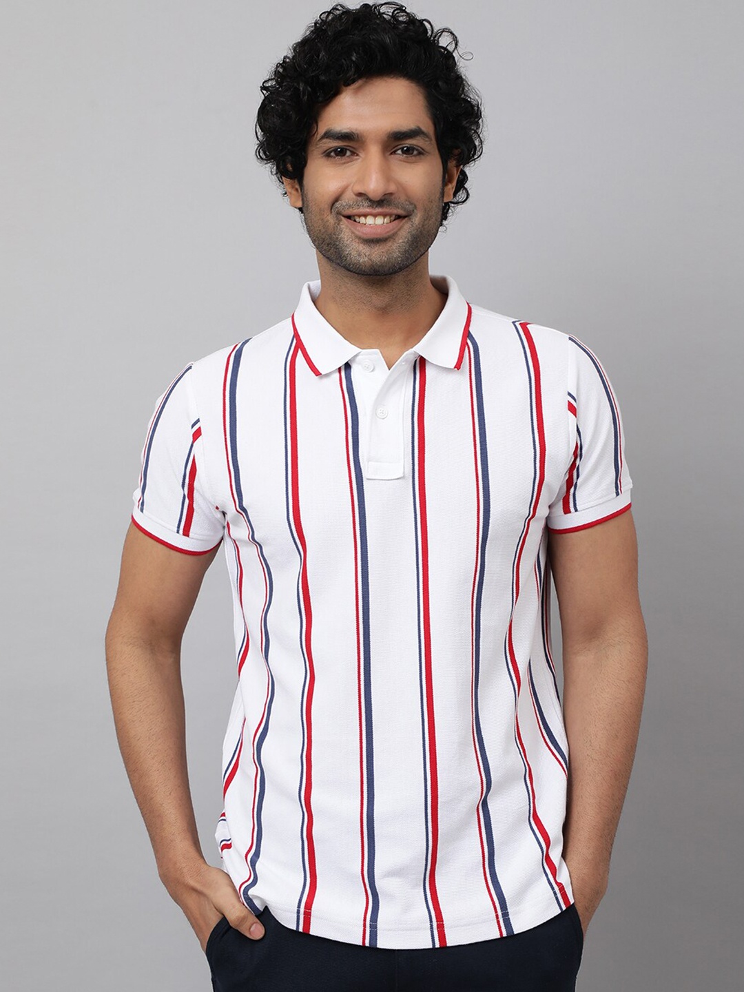 

HOUSE OF MIRCHI Striped Polo Collar Pure Cotton T-shirt, White