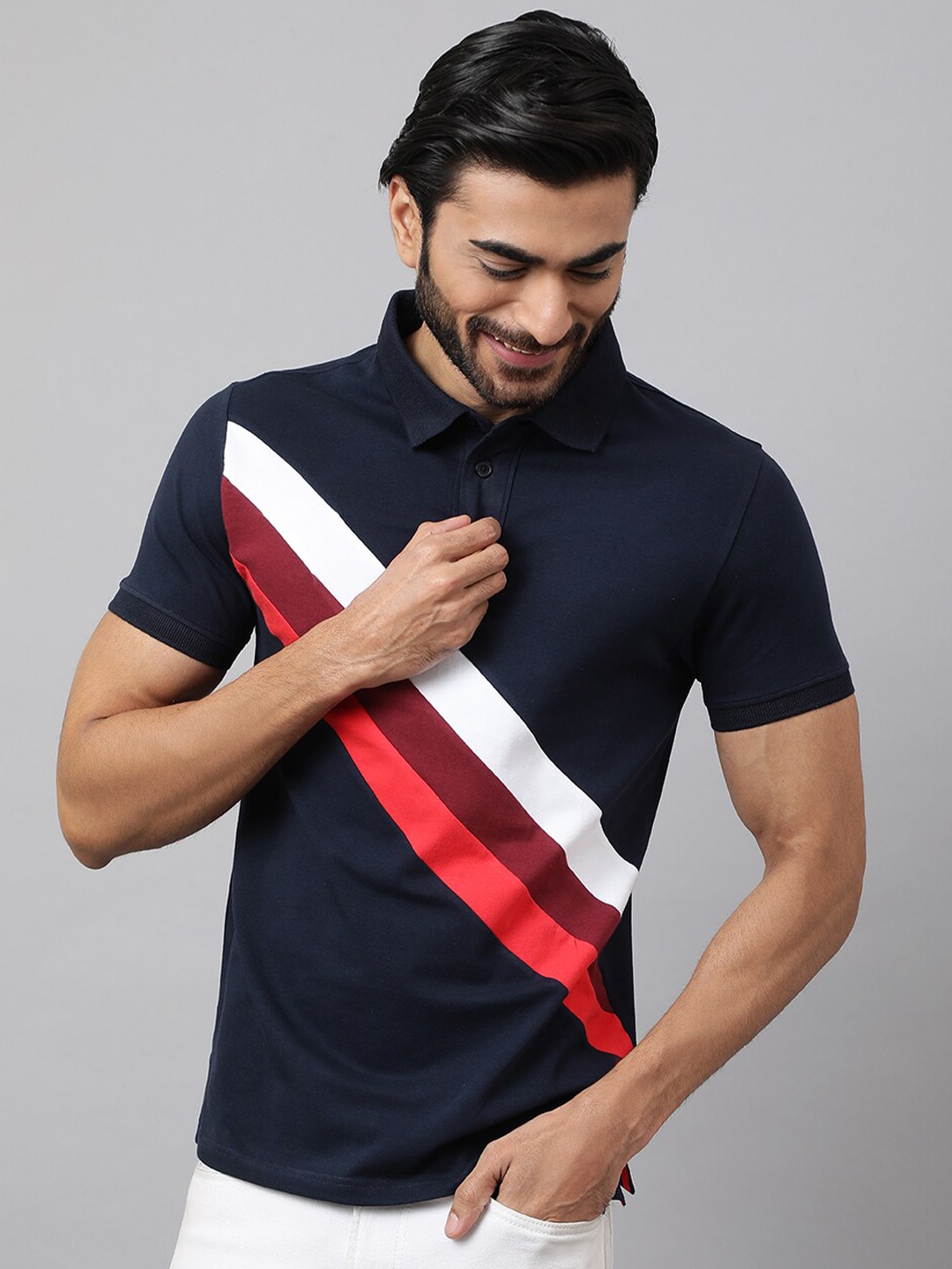 

HOUSE OF MIRCHI Colourblocked Polo Collar Cotton T-shirt, Navy blue