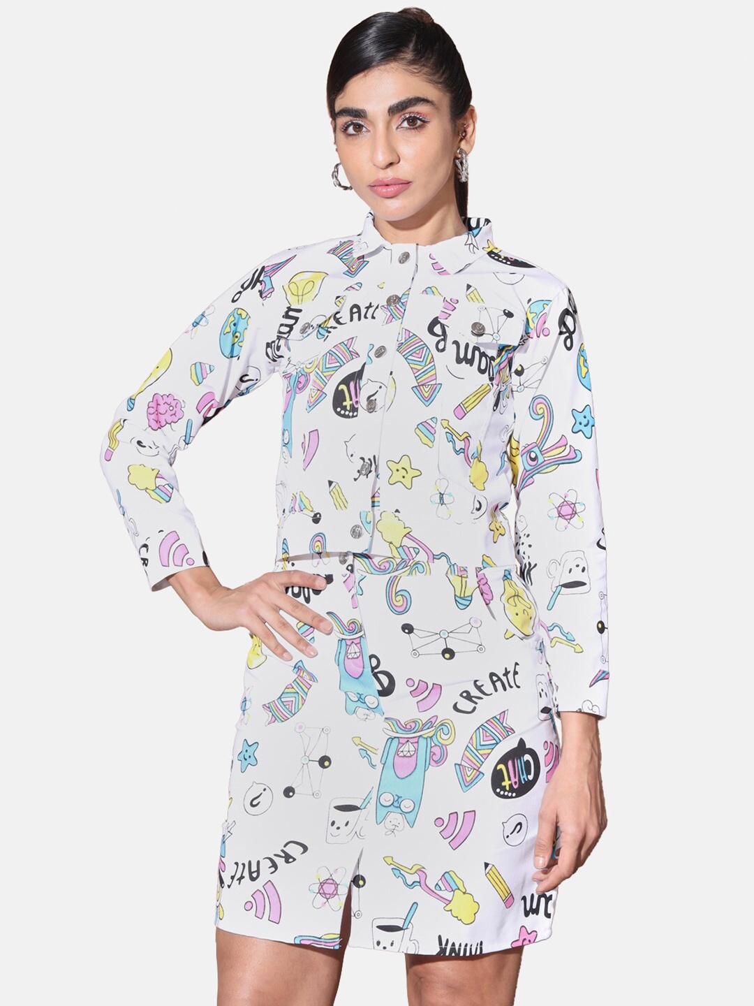 

BUY NEW TREND Printed Shirt with Skirt, White