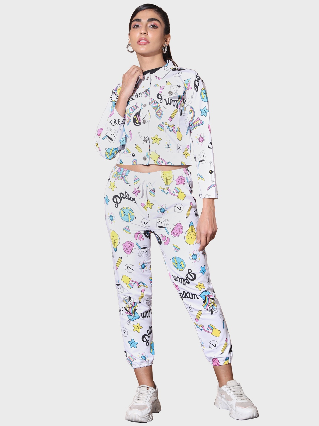 

BUY NEW TREND Women White Printed Jacket with Jogger Co-Ords Set