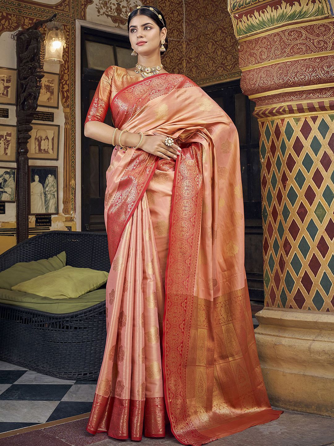 

Satrani Ethnic Motifs Woven Design Zari Banarasi Saree, Peach