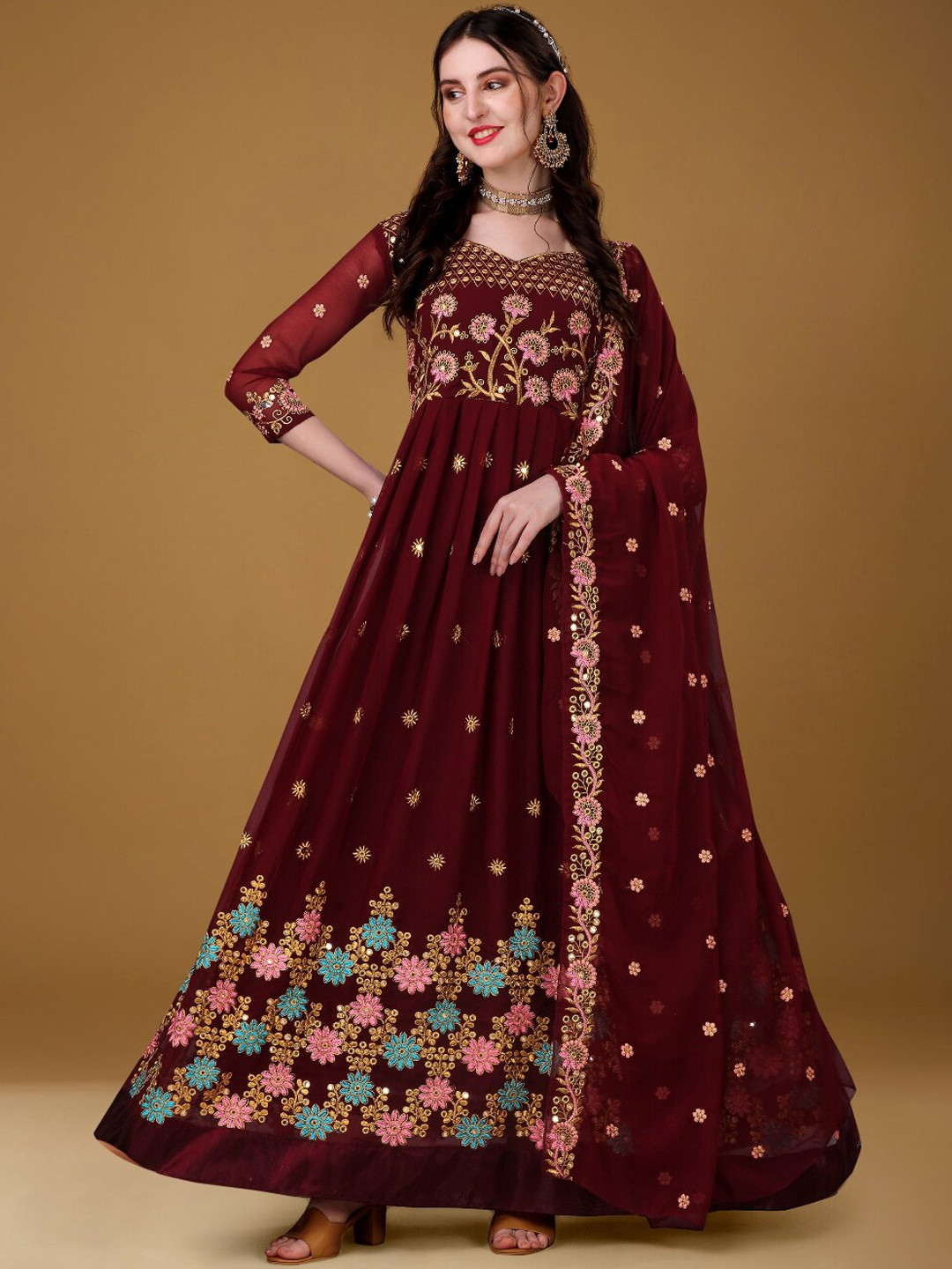 

Angroop Ethnic Motifs Embroidered Georgette Anarkali Kurta With Duatta, Maroon