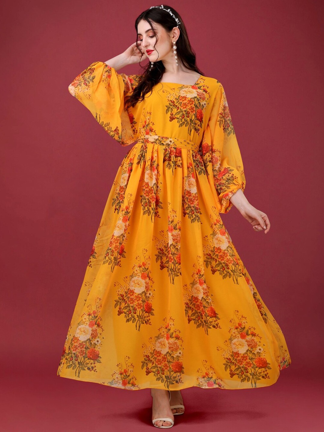 

Angroop Women Yellow Floral Printed Flared Sleeves Mirror Work Georgette Anarkali Kurta
