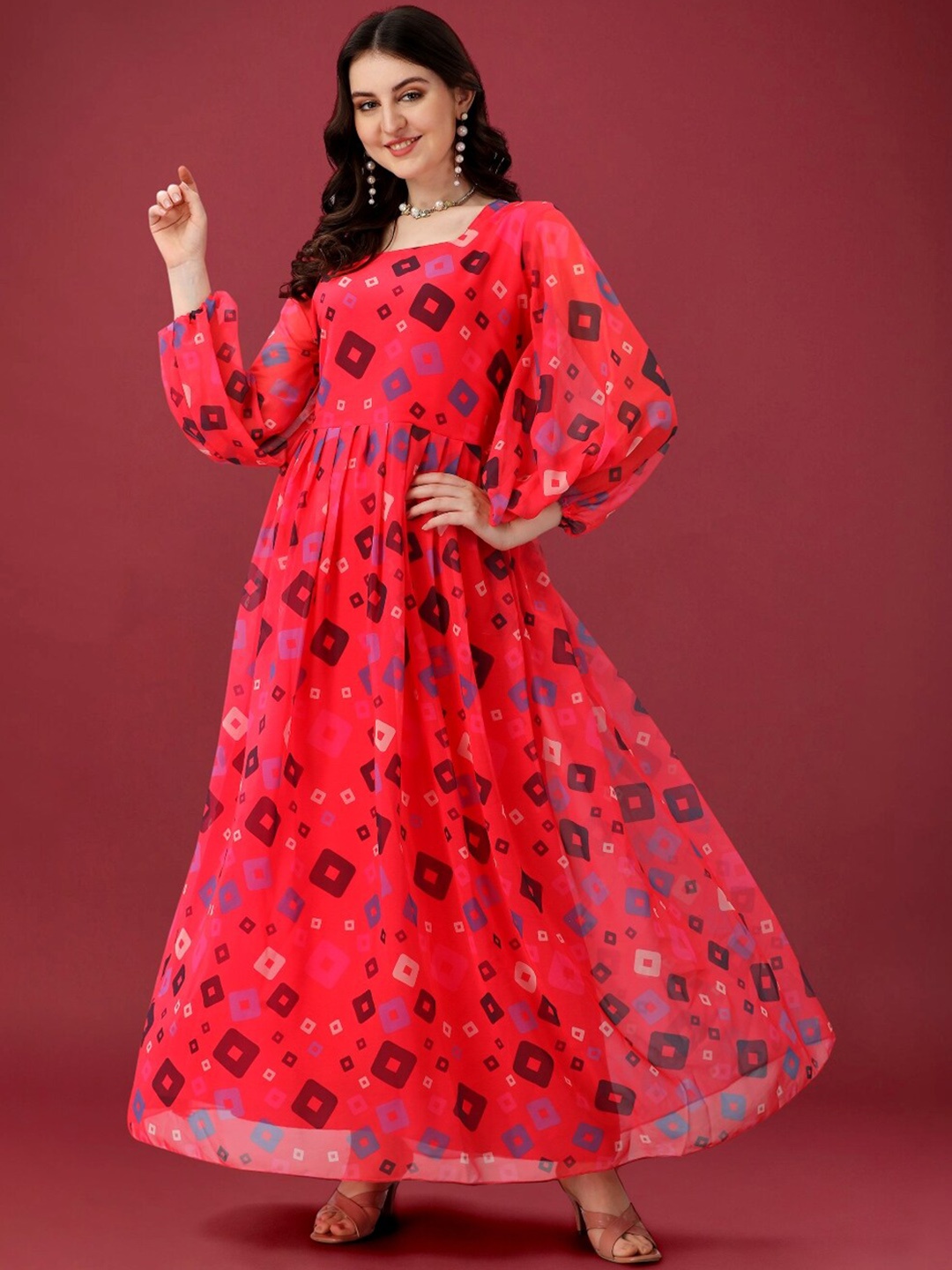 

Angroop Geometric Printed Square Neck Flared Sleeves Georgette Anarkali Kurta, Red