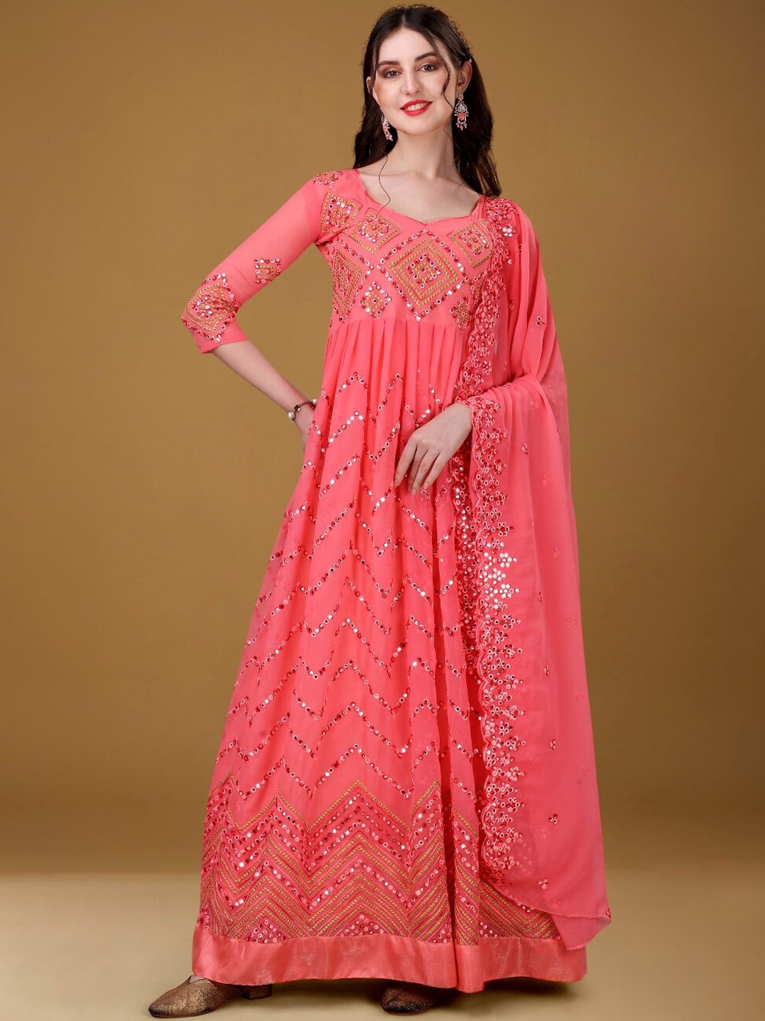 

Angroop Ethnic Motifs Embroidered Mirror Work Georgette Anarkali Kurta With Dupatta, Peach