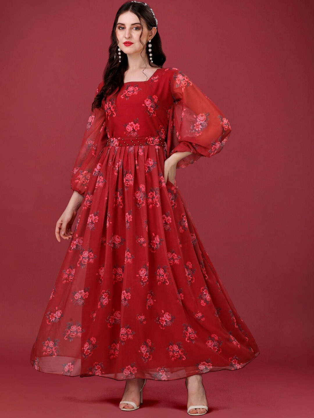 

Angroop Floral Printed Georgette Anarkali Kurta With Waist Belt, Maroon