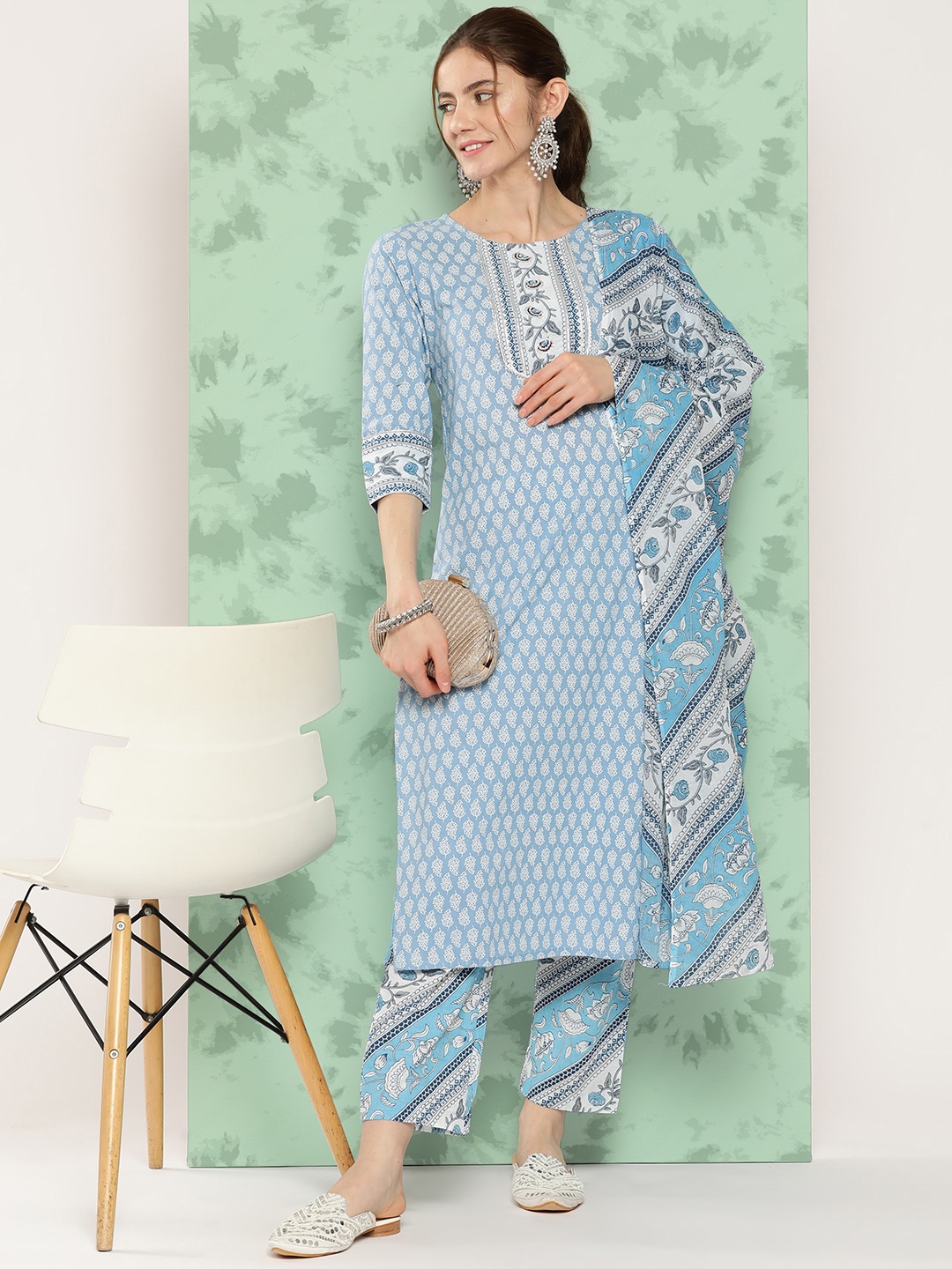 

Yufta Ethnic Motifs Printed Gotta Patti Pure Cotton Kurta With Trousers & With Dupatta, Blue