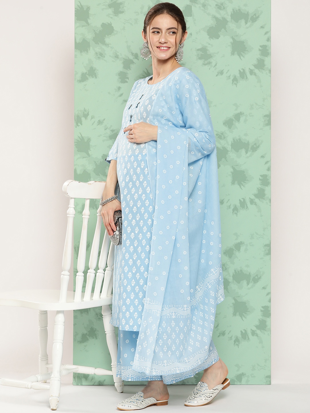 

Yufta Ethnic Motifs Embroidered Thread Work Pure Cotton Kurta With Palazzos & With Dupatta, Blue