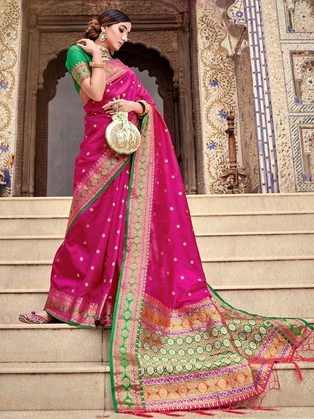 

Satrani Ethnic Motif Woven Design Zari Banarasi Saree, Pink