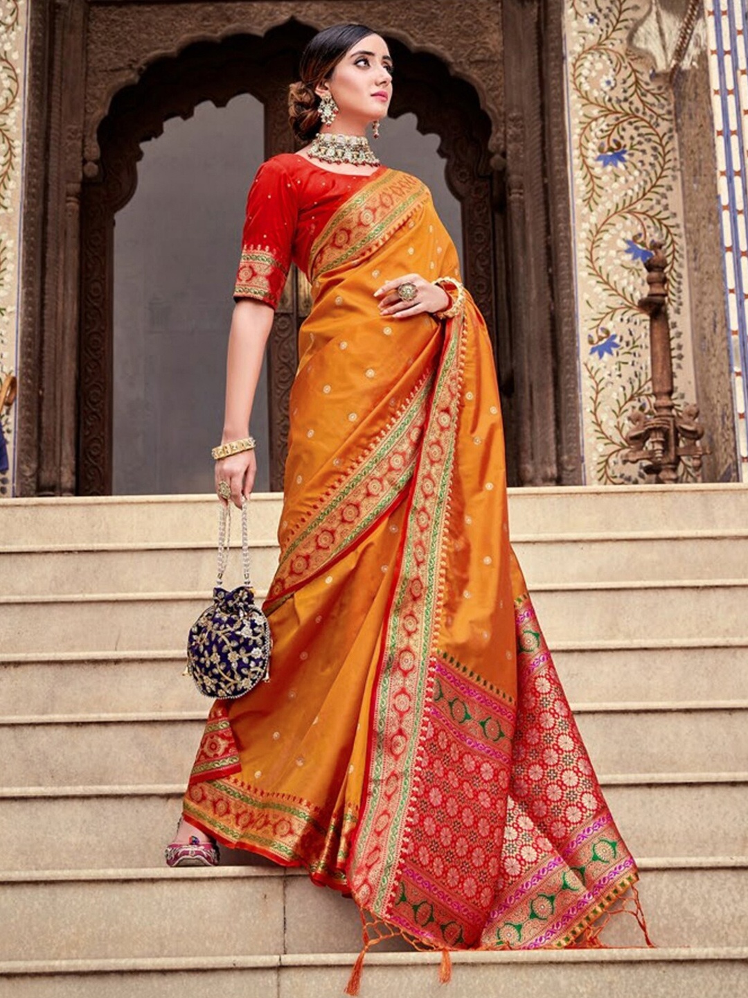 

Satrani Ethnic Motif Woven Design Zari Banarasi Saree, Orange