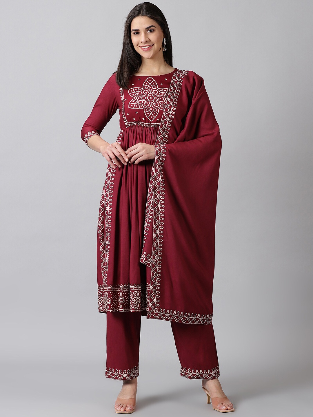 

PURSHOTTAM WALA Bandhani Printed Kurta With Palazzos & Dupatta, Maroon