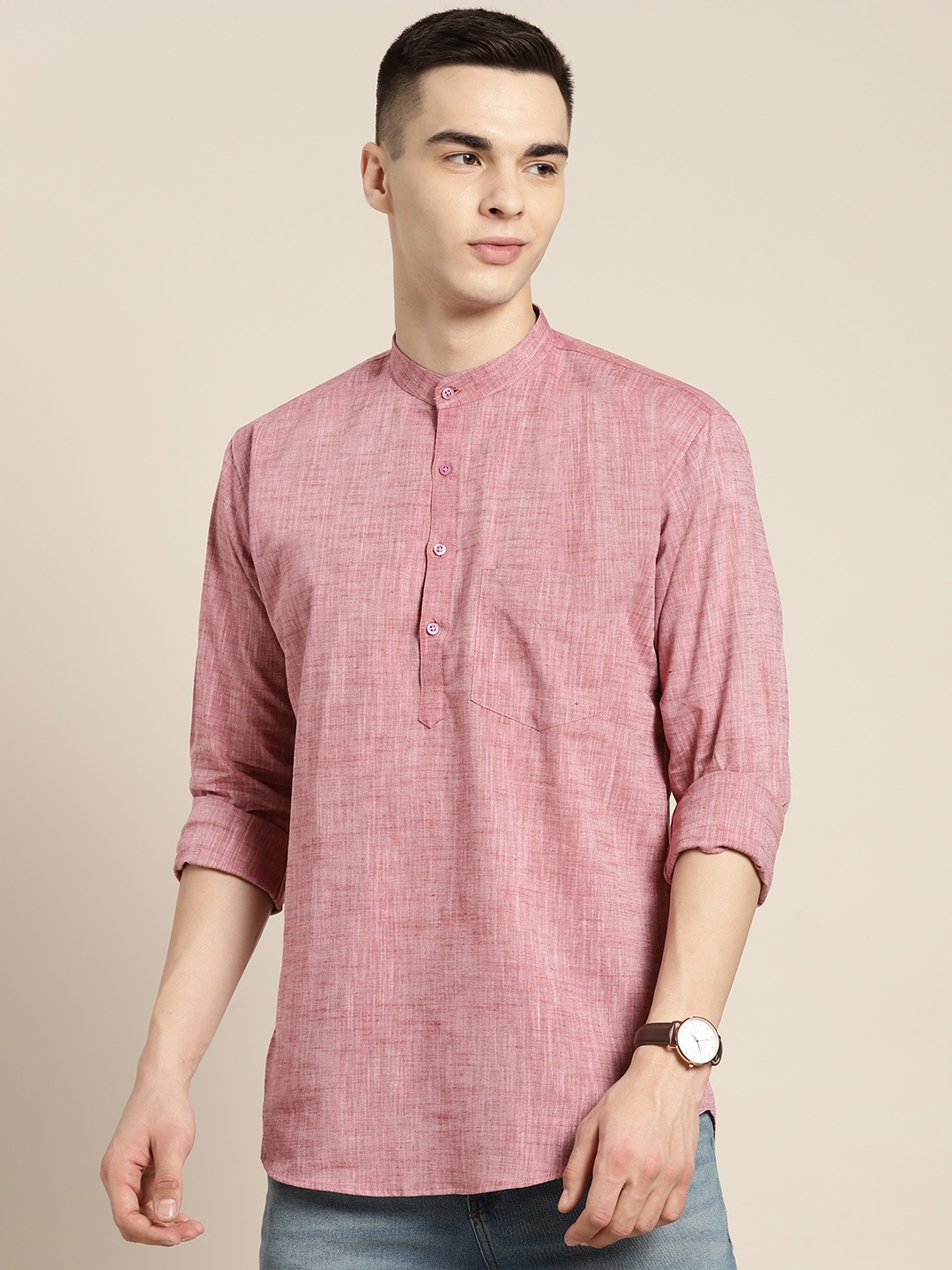 

Hancock Pure Cotton Mandarin Collar Kurta, Pink