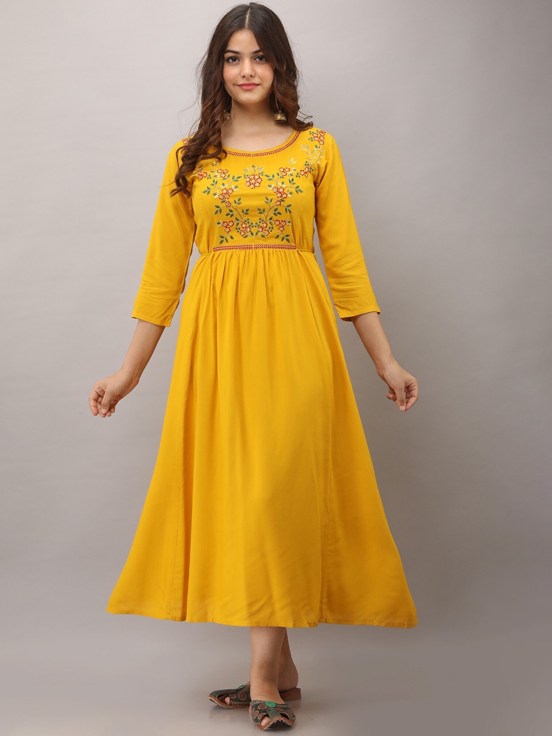 

Women Touch Floral Embroidered Thread Work Fit & Flare Kurta, Mustard