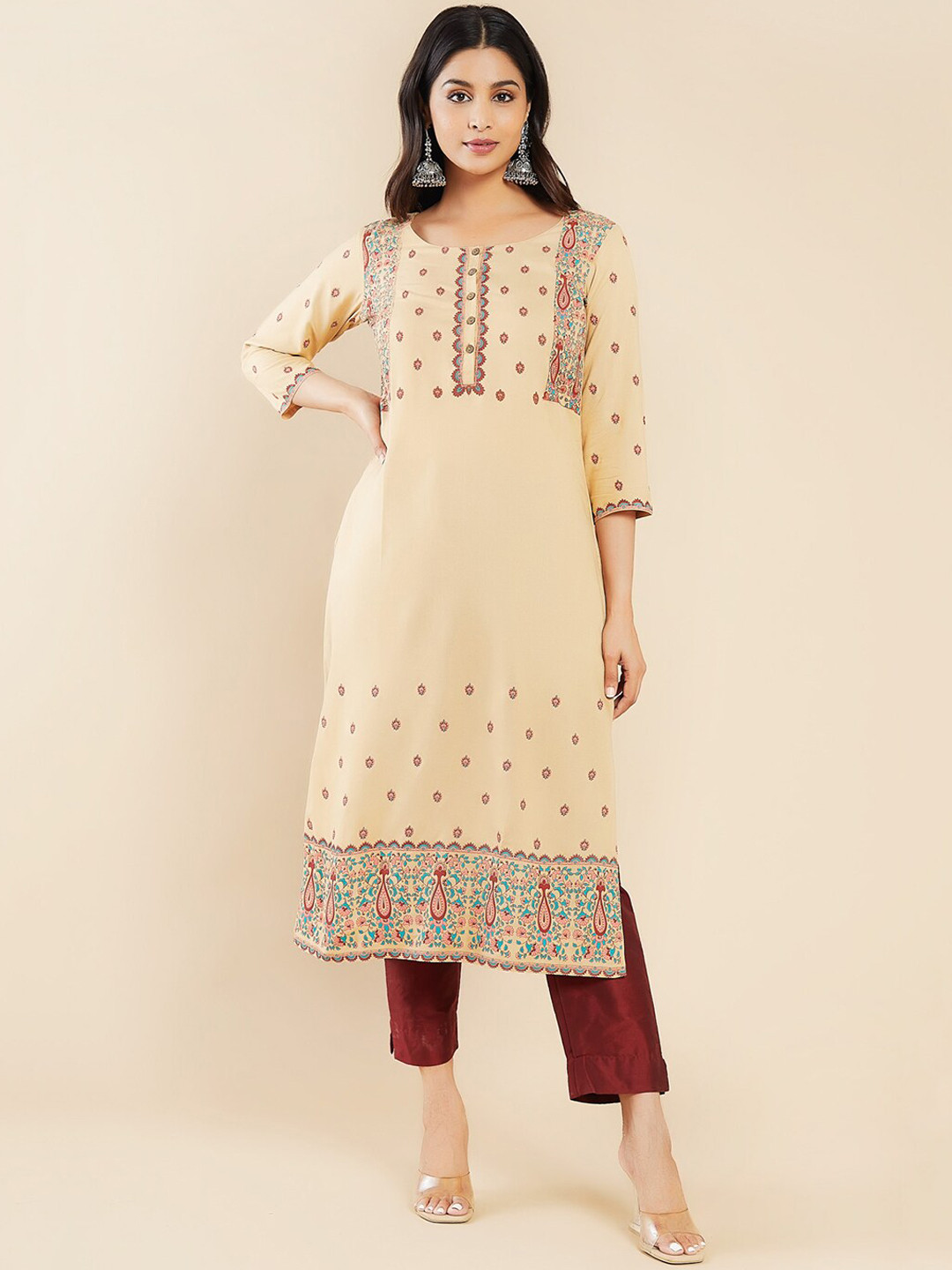 

Maybell Round Neck Floral Printed Kurta, Beige