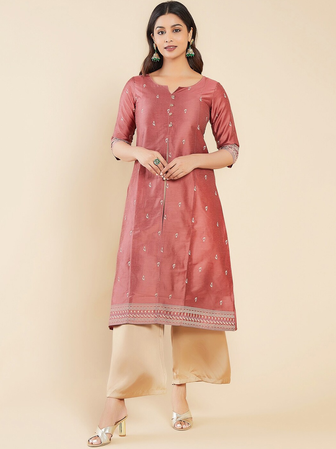 

Maybell Ethnic Motifs Printed Notch Neck A-Line Kurta, Peach