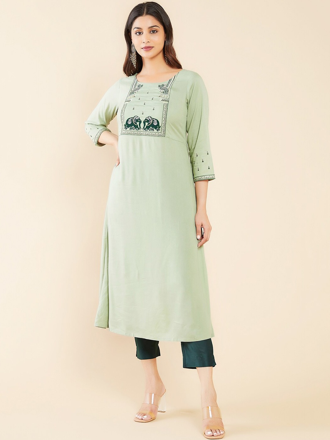 

Maybell Ethnic Motifs Embroidered Thread Work A-Line Kurta, Green