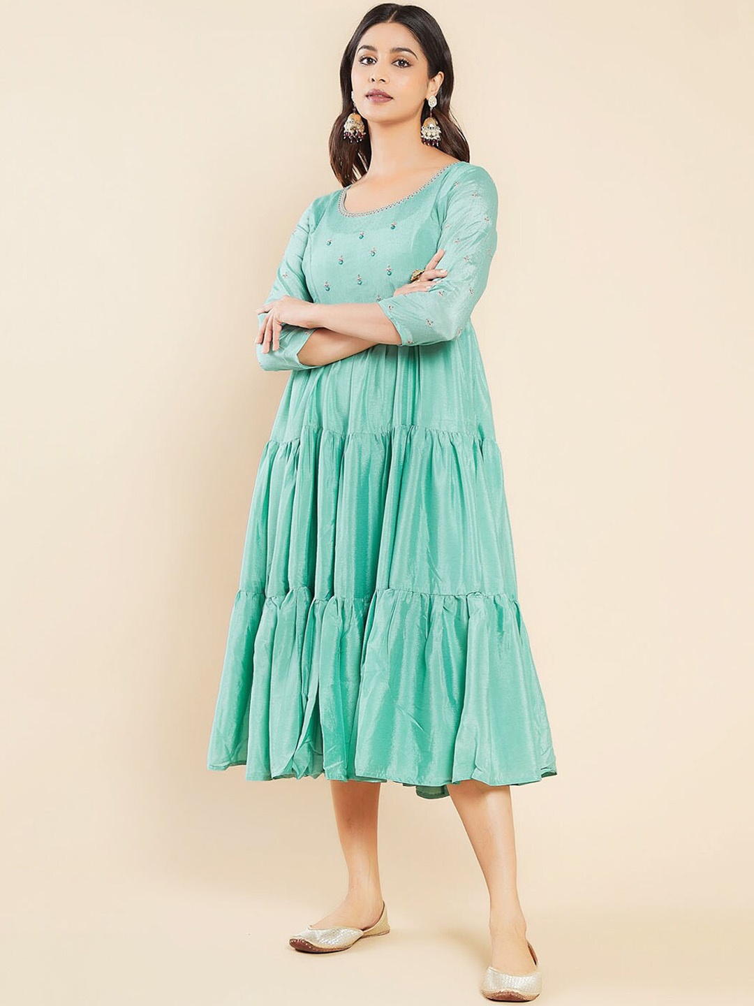 

Maybell Floral Embroidered Tiered Chiffon A-Line Dress, Sea green