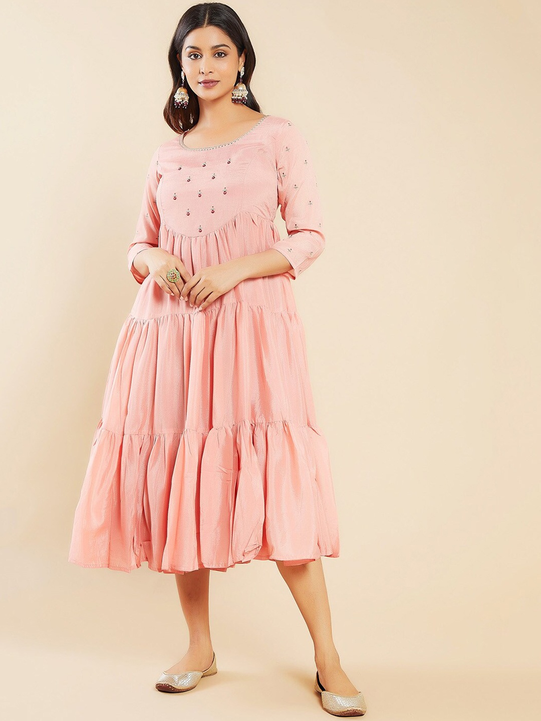 

Maybell Floral Embroidered Tiered Chiffon A-Line Ethnic Dress, Peach