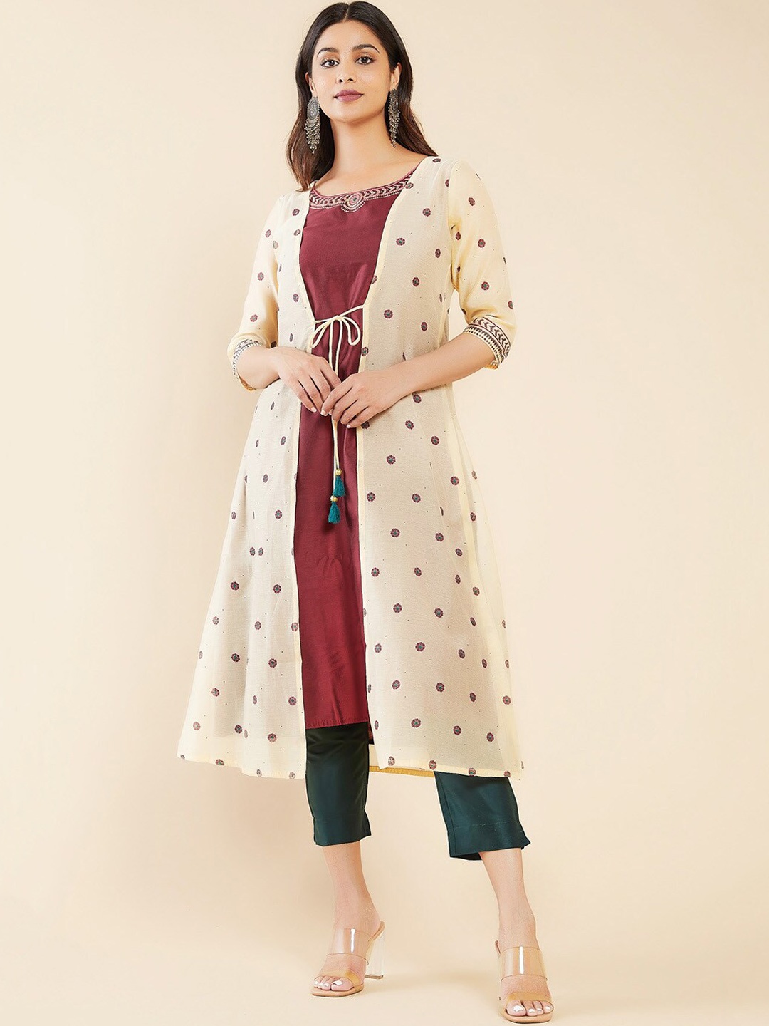 

Maybell Floral Printed Beads And Stones Embellished Art Silk Anarkali Kurta, Maroon