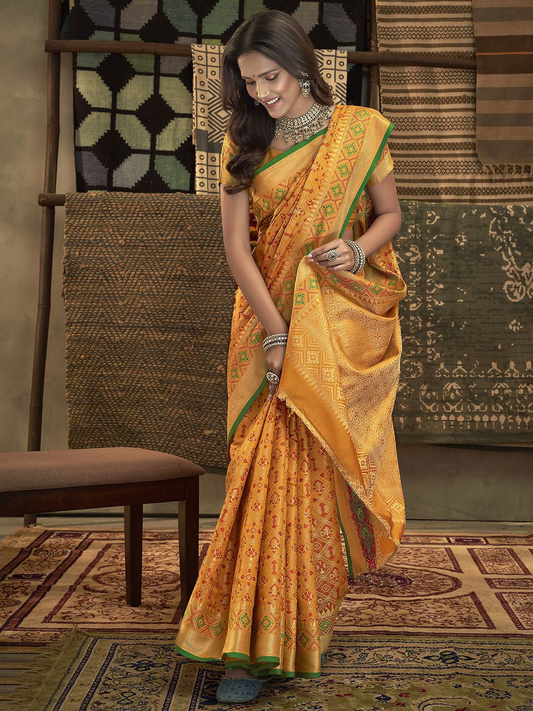 

Satrani Ethnic Motifs Woven Design Zari Art Silk Banarasi Saree, Mustard