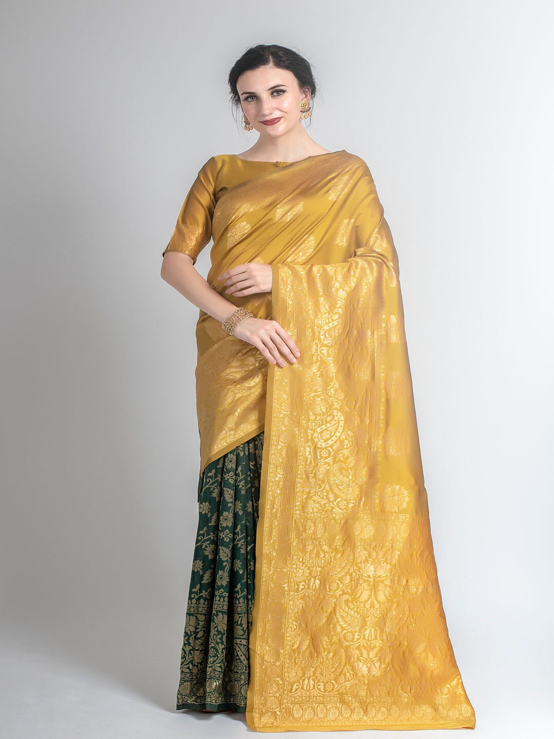 

Lilots Floral Woven Design Zari Half and Half Kota Saree, Mustard