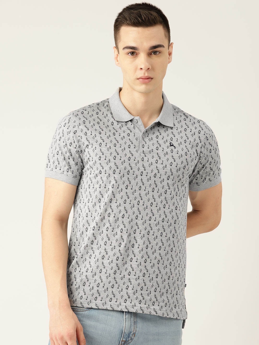 

Parx Men Conversational Print Polo Collar Pure Cotton T-shirt, Grey melange