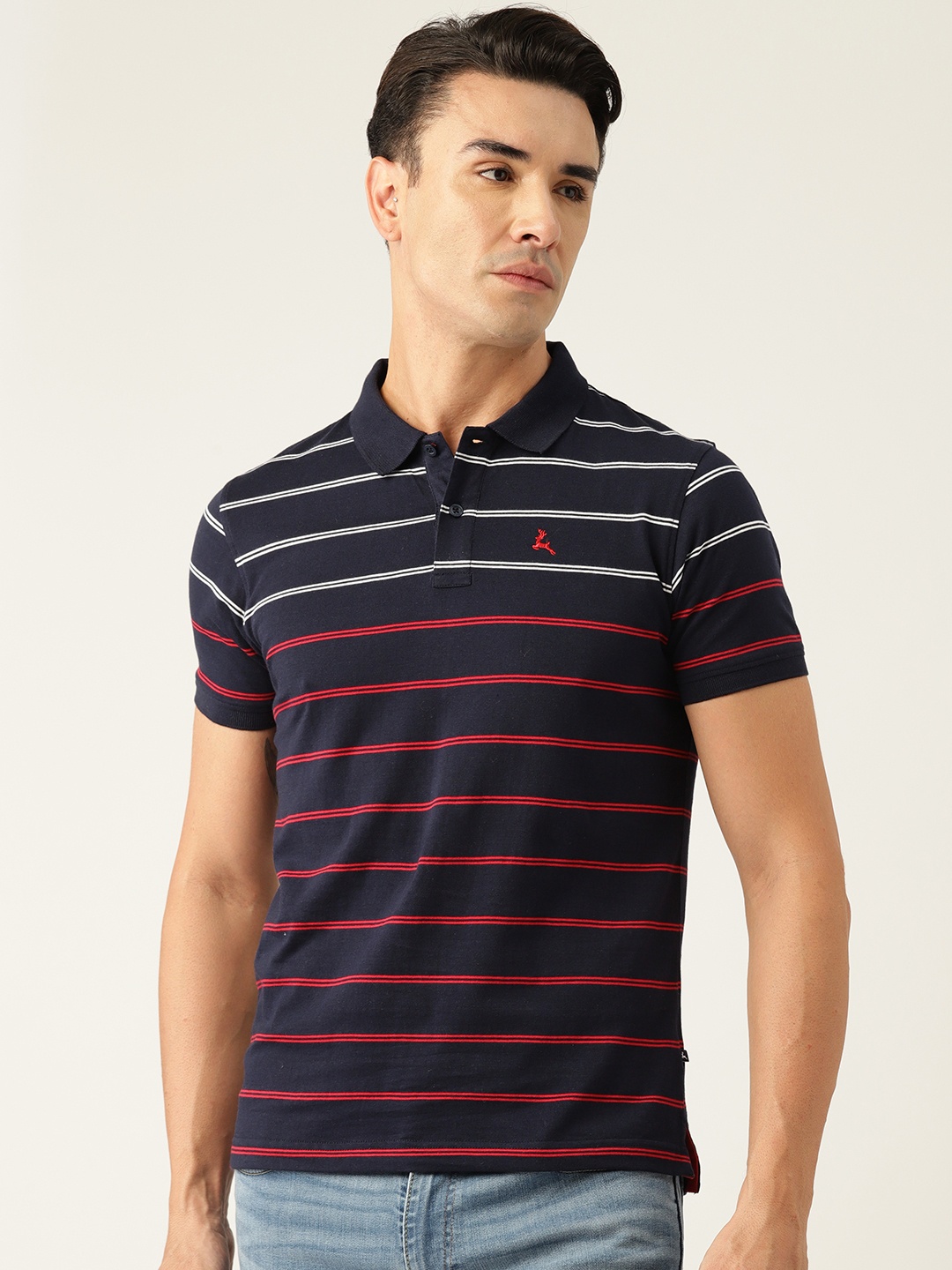 

Parx Striped Polo Collar Pure Cotton T-shirt, Navy blue